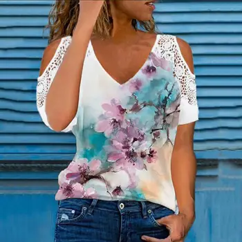 Sievietes, V-veida Kakla Ziedu Drukāt Elpojošs Vasaras Brīvs T-Mežģīņu krekls ar Īsām Piedurknēm Auksti Plecu Blūze Ikdienas Sieviešu Streetwear