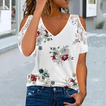 Sievietes, V-veida Kakla Ziedu Drukāt Elpojošs Vasaras Brīvs T-Mežģīņu krekls ar Īsām Piedurknēm Auksti Plecu Blūze Ikdienas Sieviešu Streetwear Attēls 2