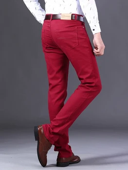 2022 Jaunu Boutique Modes Vīriešu Taisni Gadījuma Bikses Klasiskā Stilā, Vīriešu Bikses Vīna Red Jeans Biznesa Stiept Attēls 2