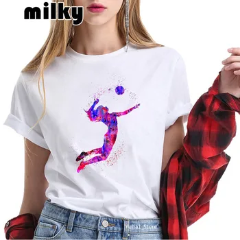 Ir 2021. Karstā pārdošanas akvarelis, volejbols meitenes iespiests t sievietēm patīk sports tees vasaras topi sieviešu balts t-krekls funny t krekli