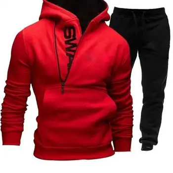 Vīriešu Sporta apģērbu Modes Mens pelēkā vārna Bikses 2 Gabals, Uzstādīt Kontrastu, Krāsu Plīša Rudens Ziemas Biezs Krekls Treniņbikses Vīriešu Apģērbs Attēls 2