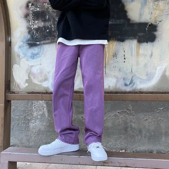 Korejas Modes Vīriešu Džinsi Violeta Zaļa Zaudēt Taisni Vintage Gadījuma Streetwear Skeitborda Deju Džinsa Kravas Baggy Bikses
