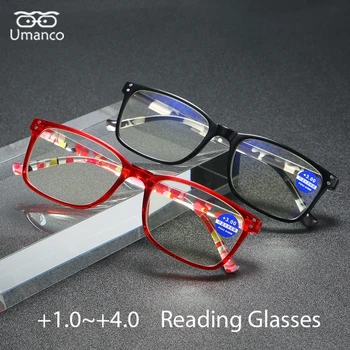 +1.0 +1.5 + 2.0 +2.5 +3.0 +3.5 +4.0 Kvadrātveida Lasīšanas Brilles Sievietēm, Vīriešiem, Melna, Sarkana PC Rāmis Anti Zilā Gaisma Presobyopia Brilles