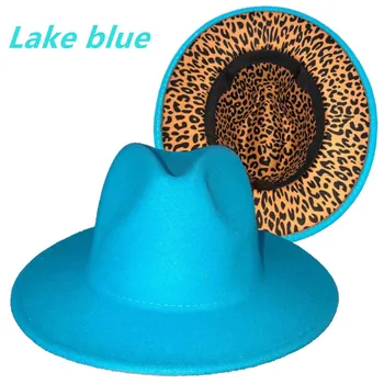 Ezers zils fedora cepuri iekšējo leopards drukāt jaunu Panama filca cepure vīriešiem un sievietēm džeza hat, fedora, cepure, zila sieviešu шапка женская