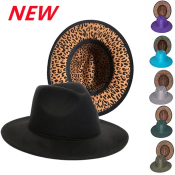 Ezers zils fedora cepuri iekšējo leopards drukāt jaunu Panama filca cepure vīriešiem un sievietēm džeza hat, fedora, cepure, zila sieviešu шапка женская Attēls 2