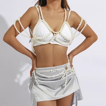 IngeSight.Z Sexy Imitācija Pērle Krūšturis Ķermeņa Aprites Sievietēm 2022 Modes Pērļu Jostas Ķēdi Krūtīm, Ķēdes Beach Naktsklubs, Valkā Attēls 2