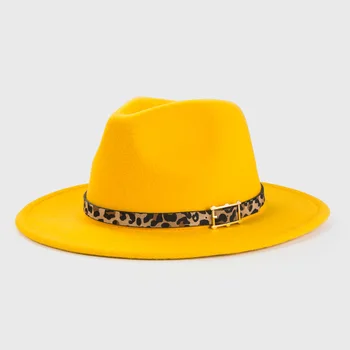 Dzeltena fedora iekšējo leopards drukāt pavasara jauna cepure Panama filca cepure vīriešiem un sievietēm džeza hat, fedora cepuri шапка женская Attēls 2