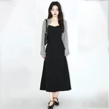 Elegants Sieviešu Divi Gabali Uzstādīt Noņemamām Piedurknēm Melnā Kleitā Ikdienas Jaka Biroja Dāmas Tērpi, Vienkārša Jauno Korejas Modes Tērpiem