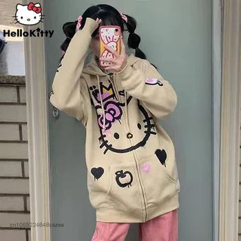 Sanrio Hello Kitty Gudrs Drukāt Sweatershirt Modes Amerikāņu Retro Augstas Kvalitātes Vaļēju Gadījuma Rāvējslēdzēju Mētelis Punk Y2k Top Sievietēm