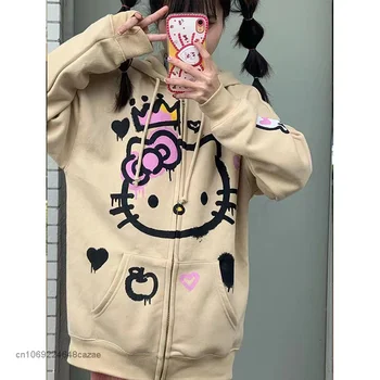 Sanrio Hello Kitty Gudrs Drukāt Sweatershirt Modes Amerikāņu Retro Augstas Kvalitātes Vaļēju Gadījuma Rāvējslēdzēju Mētelis Punk Y2k Top Sievietēm Attēls 2