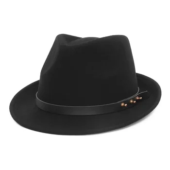100% Vilnas Rudens Ziemas Retro Džeza Cepures pusmūža Vīrieši Jutās Fedoras Klp Vīriešu Cietā Trilby Panamas Cepure, Melns Katliņš Cepures Attēls 2