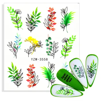 Zaļā Vienkārši Ūdeni Nagu Decal Ziedu, Lapu Koku Uzlīme Vasaras DIY Slīdni Apdarei Manicuring Nagus Mākslas Ūdenszīme Tetovējums