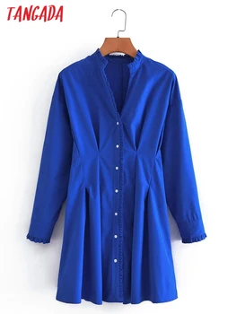 Tangada ir 2021. Modes Sieviešu Zila Tunika Krekls, Kleita Vintage garām Piedurknēm Biroja Dāmas Mini Kleita 2L01