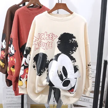 Disney Mickey Mouse Sporta Krekli Harajuku Apģērbi Topi Karikatūra Ar Garām Piedurknēm Modelis Print Drēbes Pavasara Rudens Plānas Dāmu Jaka