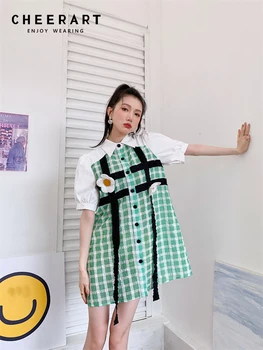 CHEERART Izšūta Ziedu Plāksteris korejas Modes Krekls, Kleita Sievietēm 2022 Zaļo Lupatu Puff Piedurknēm Lentes Mini Kleita Vasaras