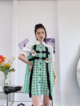 CHEERART Izšūta Ziedu Plāksteris korejas Modes Krekls, Kleita Sievietēm 2022 Zaļo Lupatu Puff Piedurknēm Lentes Mini Kleita Vasaras Attēls 2