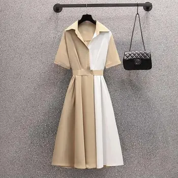 Sieviešu Modes Raibs Midi Kleita Haki Vasaras 2022 Biroja Dāma Gadījuma Vienkārši Polo Apkakle Krekls Kleitas korejas Streetwear