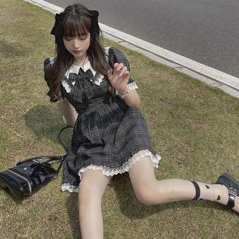 Kawaii Salds Pleds Mežģīņu Kleita Sieviešu Japāņu Lolita Loku O-veida Kakla Bubble Sleeve Svētku Kleitas Mini Kleitas Sievietēm Vasarā ir 2021. Attēls 2