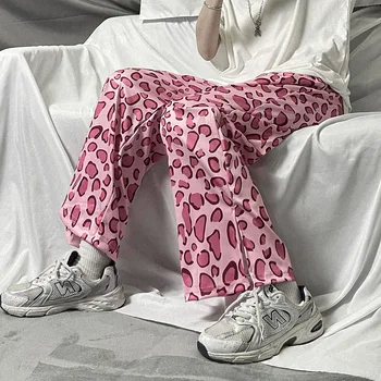Y2k Sieviešu Bikses Rozā Leopards Drukāt Plaša Kāju Bikses Vasaras Gadījuma Zaudēt Sadalīt Bikses Ins Modes Tendences Sieviešu Apģērbs