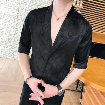 Rozā Krekli Vīriešu Zīda Krekli Luksusa Camisa Sociālo Masculina Slim Fit Satin Black Krekli Vīriešu Modes 2018 Japāņu Vasaras Mens Attēls 2