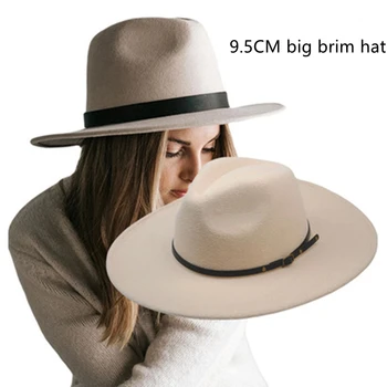 Jaunu 9.5 cm plaša brimmed cepures vīriešiem un sievietēm Fedora cepures, rudens un ziemas retro jostas liels brimmed džeza cepuri filca cepure