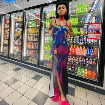 Y2K Stilā 3D Ķermeņa Drukāt Kamzolis Kleita Sievietēm Sexy Spageti Siksnas Dobi No Augstas Sadalīt Bodycon Maxi Klubs Puse Kleitas
