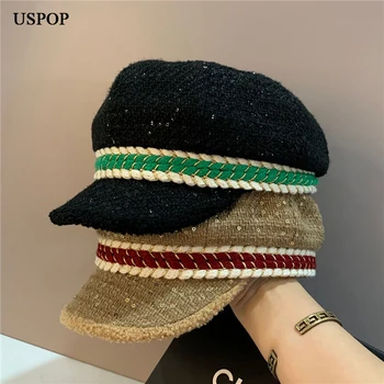 USPOP ir 2021. Sieviešu Rudens Ziemas Cepures Tvīda Astoņstūra formas Cepures Krāsu Salikuma Vizuļi Newsboy Vāciņi Attēls 2