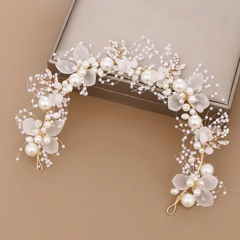 Pasaku Pērļu Ziedu Galvas Galvassegu Kāzu Kronis Modes Vainags Aproce Band Tiaras Kristāla Headpiece Matu Jewelrys