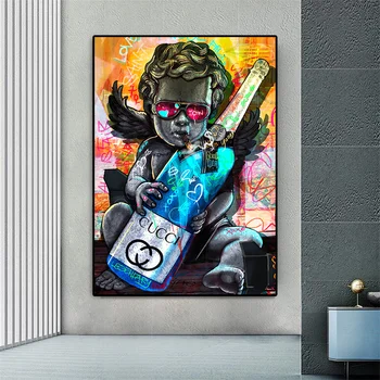 Smieklīgi, Mākslas Plakātu, Maz Eņģelis, Smēķēšana Cigāru Turot Šampanieša Grafiti Mākslas Audekla Apgleznošana Sienu Attēlu Josla Mājas Dekoru Attēls 2