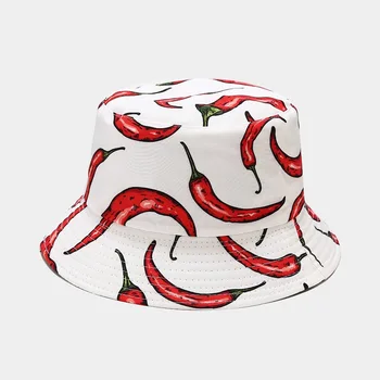 Ir 2021. Radošo Pipari Iespiesti Spaiņa Cepuri, Divas Sānu Reversibale Baklažānu Kukurūzas Dizains Sieviešu Vasaras Atpūtas Panamas Cepure Attēls 2