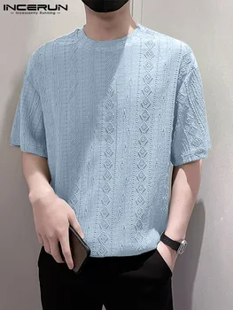 INCERUN 2022 Vīriešu T Krekls tīrtoņa Krāsu Žakarda Vasaras O-veida kakla Īsām Piedurknēm korejas t-veida Topi Stilīgs Streetwear Ikdienas Vīriešu Apģērbs