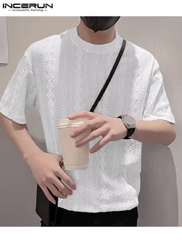 INCERUN 2022 Vīriešu T Krekls tīrtoņa Krāsu Žakarda Vasaras O-veida kakla Īsām Piedurknēm korejas t-veida Topi Stilīgs Streetwear Ikdienas Vīriešu Apģērbs Attēls 2