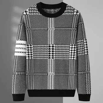 Augstas kvalitātes Džemperis Apaļu Kakla Džemperis Tendence Zīmola Pleds Vilnas Apģērbs Vīriešu Ziemas Jauno korejas Modes garām Piedurknēm 2022 Jaunas Attēls 2