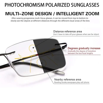 Tīra titāna Photochromic Multifokāla Lasīšanas Brilles Pakāpeniski Gatavo bez apmales Brilles Anti-Blue Ray Āra Brilles