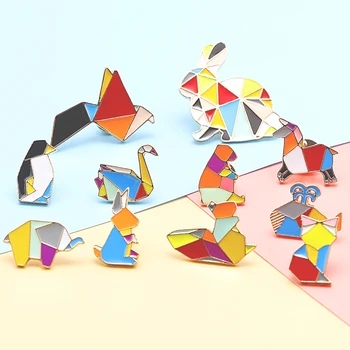 Krāsains Ģeometriskā Origami Dzīvnieku Piespraudes Krāns, Kaķis, Trusis Gulbis Lācis Zilonis, Zirgs Pingvīns Emaljas Adatas Soma Metāla Emblēma Rotaslietas Attēls 2