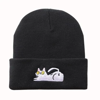 Slinks kaķis Silta Adīta Cepure Kokvilnas Ziemas slēpošanas Beanie Karikatūras Adīt cepuri Skullies & Beanies Unisex modes āra Gadījuma cepures Attēls 2
