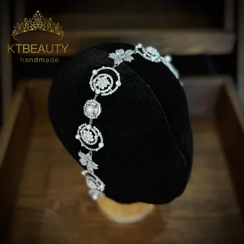 Jaunā Luksusa Headpiece Roku Darbs Zircon Ūdens Pērles Platīna Solver Royal Karaliene, Princese Gājienā Puse Kroņa Bridesmaids