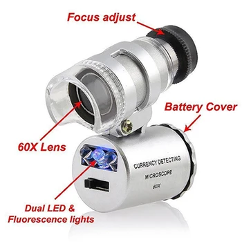 60X Rokas Palielināmais Stikls Mini Kabatas Mikroskopu Lupa UV Valūtas Detektoru, Juvelieris Lupa Ar LED Gaismas