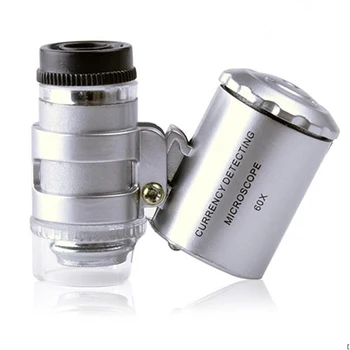 60X Rokas Palielināmais Stikls Mini Kabatas Mikroskopu Lupa UV Valūtas Detektoru, Juvelieris Lupa Ar LED Gaismas Attēls 2