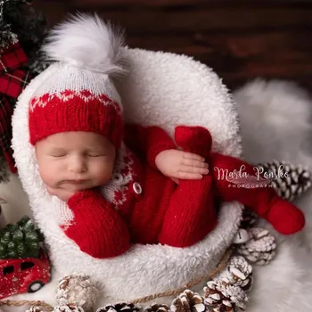 ❤️CYMMHCM Jaundzimušo Fotogrāfiju Apģērbu Ziemassvētku Cepure+Jumpsuit 2gab/set Studio Zīdaiņu Foto Prop Piederumi adīt Tamborēt Kostīms