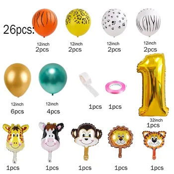 26Pcs Džungļu Safari Dzīvnieku Galvas Balonus Uzstādīt Džungļu Dzimšanas dienas Balonus Metālisks Zelta Baloni Numuru Balonu 40inch Bērnu Duša Attēls 2