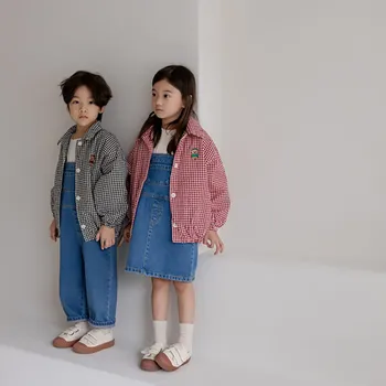 Pavasara Rudens Zēnu un Meiteņu Mētelis korejiešu Bērnu Klasisko Mazo Režģi Lāču Uzlīmēts Audums Izšūts Atloks Plānas Jakas 2022 Jaunas Attēls 2
