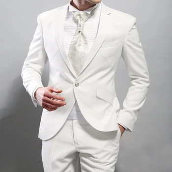 Baltā Kāzu Līgavainis Tuxedos par Draugu 2 gabals Slim fit Vīriešu Uzvalki, Komplekts Jaka ar Bikses 2022 Cilvēku Modes Apģērbu Attēls 2