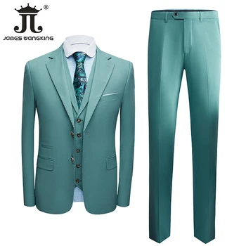 (Žakete + Veste + Bikses) Modes Zaļo Vīriešiem ir Uzvalks 3 Gabals Līgavainis Kāzu Kleitu Balli Puse Nakts Klubs Smokings Uzņēmumu Formālās Valkāt