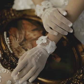 Sieviešu Kāzu Līgavas Īss Cimdi Pilnu Pirkstu Redzēt Caur Ziedu Rokas Garums Kostīmu Balli Puses Cimdi