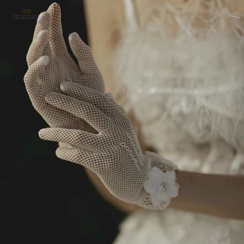 Sieviešu Kāzu Līgavas Īss Cimdi Pilnu Pirkstu Redzēt Caur Ziedu Rokas Garums Kostīmu Balli Puses Cimdi Attēls 2