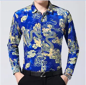 Karstā pārdošanas sexy cilvēks redz cauri drēbēm rudens ķīnas dragon krekls ar garām piedurknēm vīriešu zelta samta kleita krekls