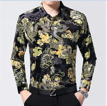 Karstā pārdošanas sexy cilvēks redz cauri drēbēm rudens ķīnas dragon krekls ar garām piedurknēm vīriešu zelta samta kleita krekls Attēls 2