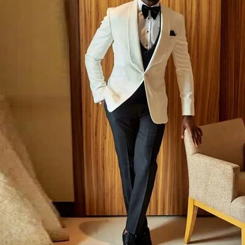 Baltā Kāzu Uzvalku Balli Vīriešu Uzvalki 3 Gabals Jaka, Veste ar Melnas Bikses Slim Fit Āfrikas Modes Apģērbu Komplekts 