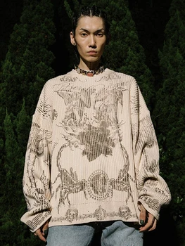 Skorpions grafiskais trikotāžas džemperis mens lielgabarīta džemperis rudens korejas modes vīriešu apģērbs džemperi vīriešiem harajuku džemperis R69 Attēls 2